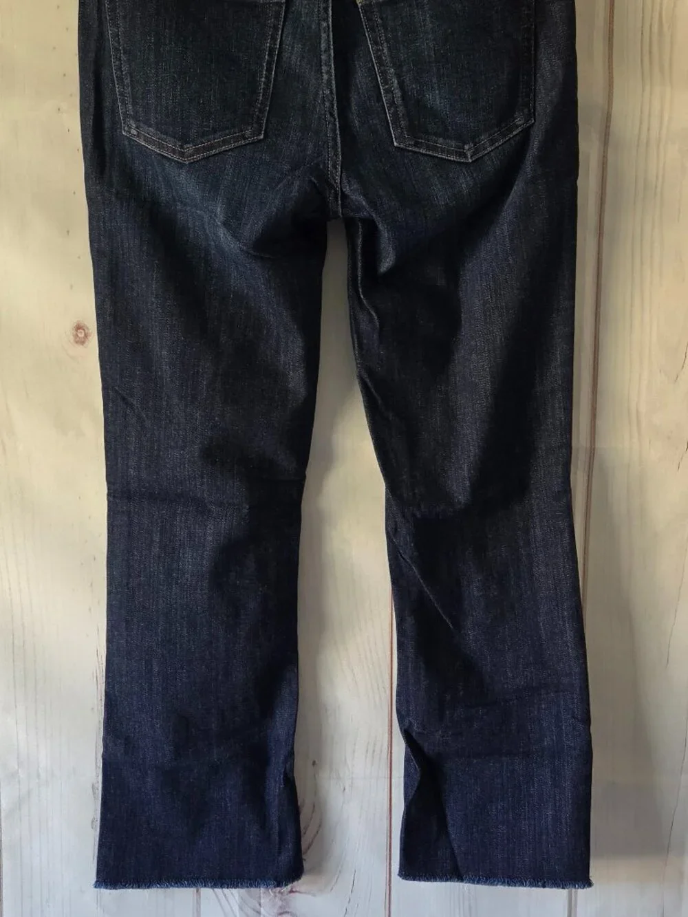 J. Crew 9” Demi-Boot Crop Jeans Women’s 26, Dark wash with frayed raw hem.